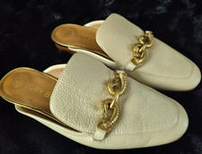 Tory Burch Jessa Women's Backless Ivory Loafers Gold Tone Horses Size 8