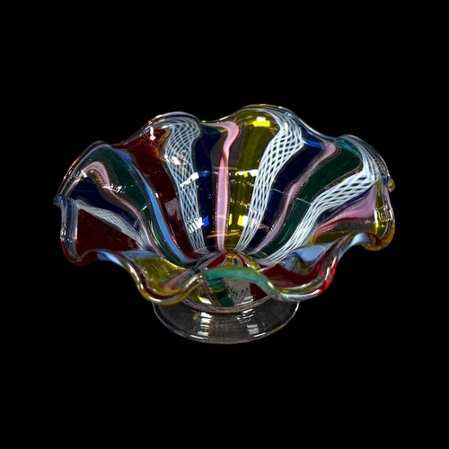 Vintage Venetian Murano Italian Art Glass Latticino Multicolored Bowl