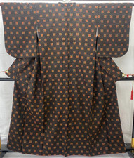 Japanese Vintage Kimono Silk Brown Tumugi Komon Traditional Authentic Length62in