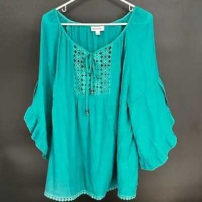 Turqo Westport 1X Blue Ruffle Lightweight Summer Blouse Embroidered Details ...