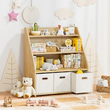 Kids Wooden Bookshelf 3 Tier Baby Toddler Bookshelf Toy Storage Organizer w/Cube