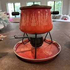 Scandinavian Style ENAMEL POT W/ Lid Tray, Stand Forks Red Orange Atomic Diamond