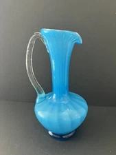 MCM Hand Blown EMPOLI Art Glass Ewer Pitcher Ribbed Swirl Cased Italy Icy Blue