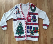 Vintage Marisa Christina L Christmas Snowman Embellished Sweater Cardigan  Teddy