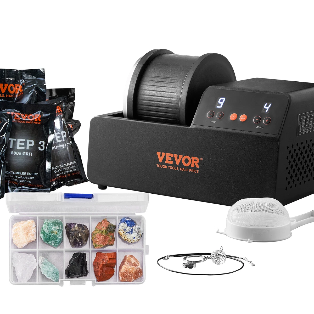 VEVOR 3LB Rock Tumbler Kit, Direct Drive Professional Rock Tumbler,  4-Speed/9-Day-Timer, Rock Polisher with Rough Gemstones/Grits/Jewelry  Fastenings