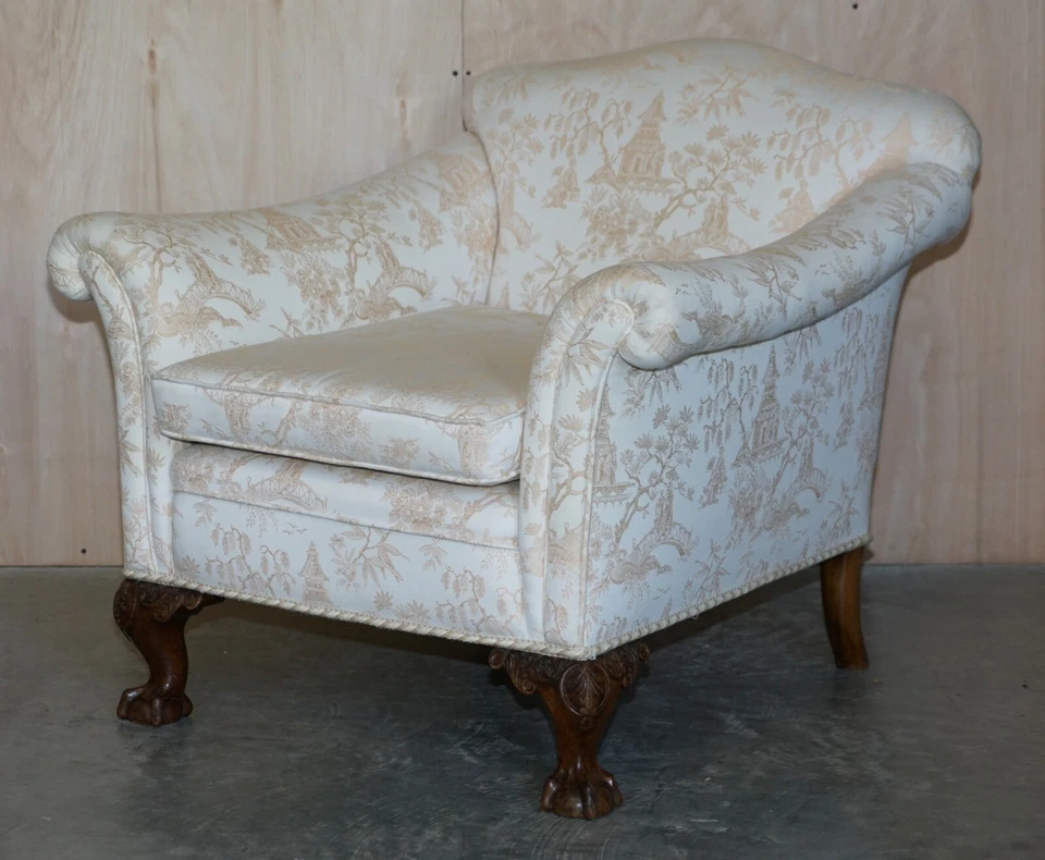 ANTIQUE VICTORIAN SOFA & ARMCHAIR SUITE CHINOISERIE UPHOLSTERY CLAW & BALL FEET - Image 3 of 4