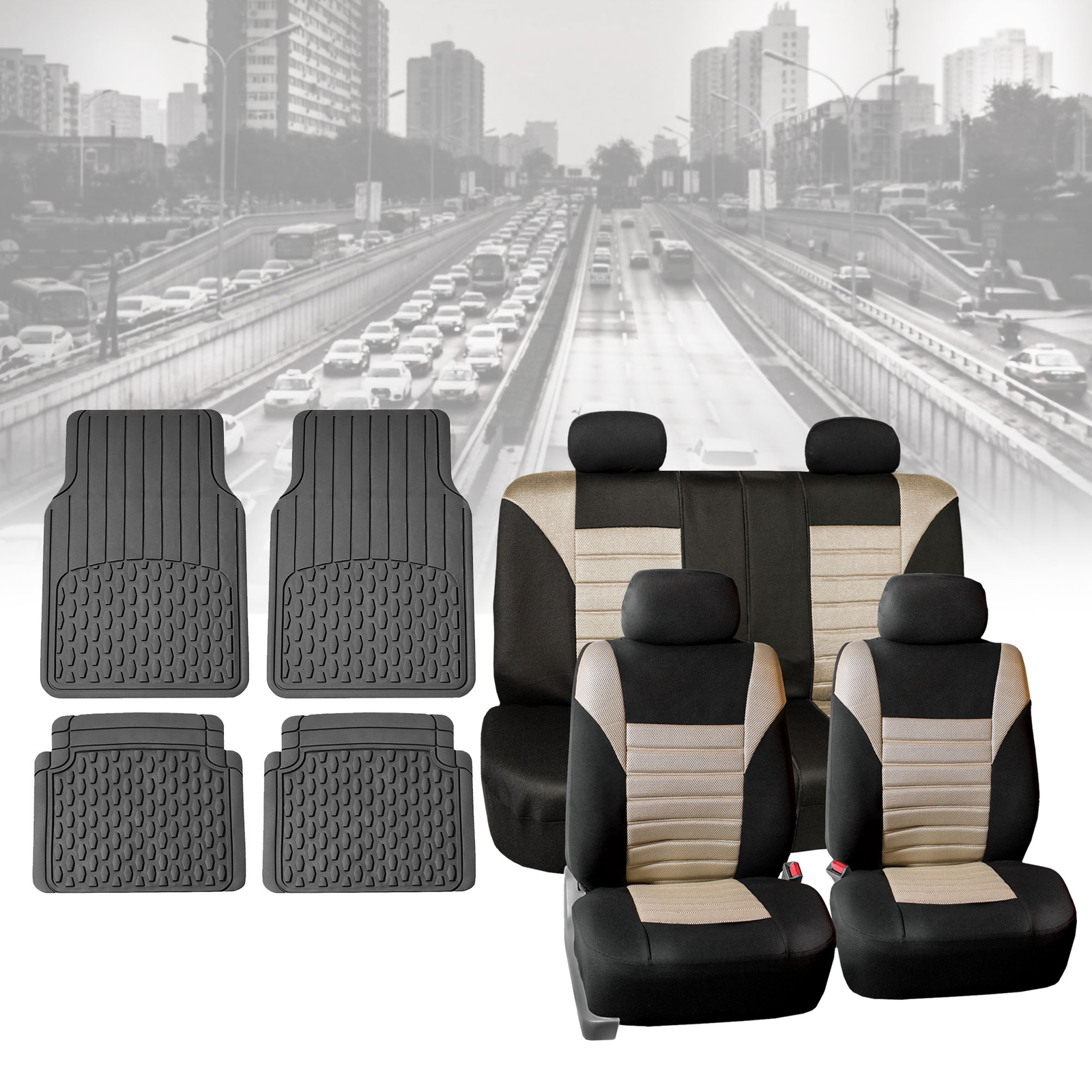 Seat Cover for Car Suv Van Beige 60/40 Split Bench with Gray Floor Mats