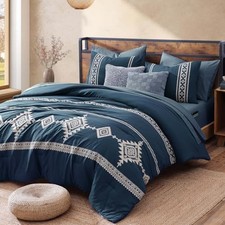 MaiR ve Embroidery Queen Size Comforter Set Blue, Boho Queen 7 Piece Navy