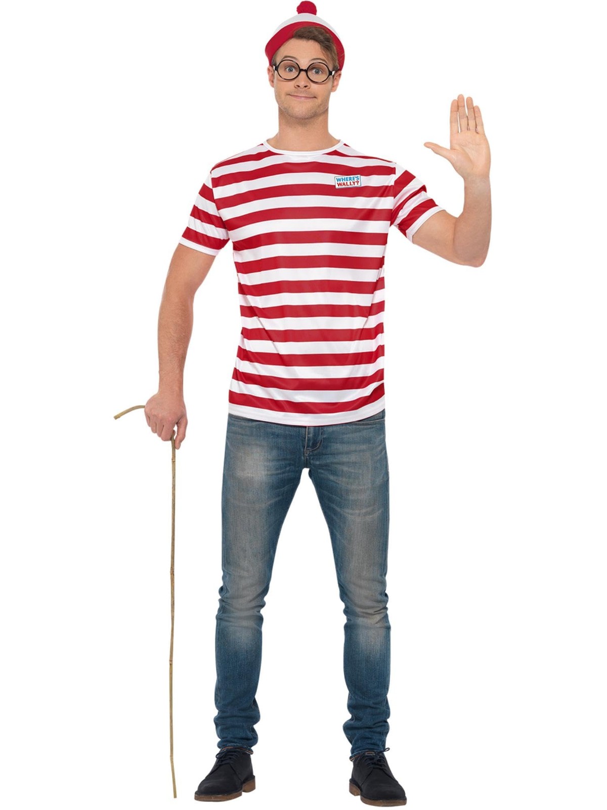 Kit Où est Charlie? costume adulte rouge et blanc bonnet à pompon et lunettes de fête