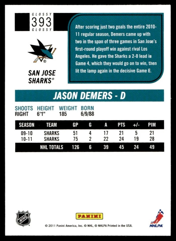 2011-12 Score Glossy Jason Demers San Jose Sharks #393 - Image 2 of 2