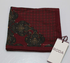 Roda NWT 100 Wool Pocket Square In Red w/ Black, Yellow  Gray Geometric