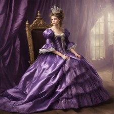 Purple Rococo Victorian Ball Gown Puff Long Sleeve Satin Queen Pageant Dresses