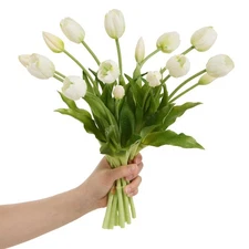 15 Pcs White Tulips Artificial Flowers Faux Tulips Real Touch Latex Fake Flow...
