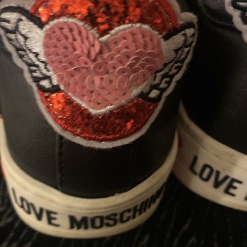 Women's Love Moschino Leather Trainers Sneakers Gold Heart Eyelets EU39 US9, UK6 - Picture 10 of 13