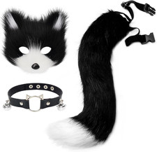 Faux Fur Fox Mask Wolf Cat Fluffy Tail and Leather Necklace Set Halloween Party