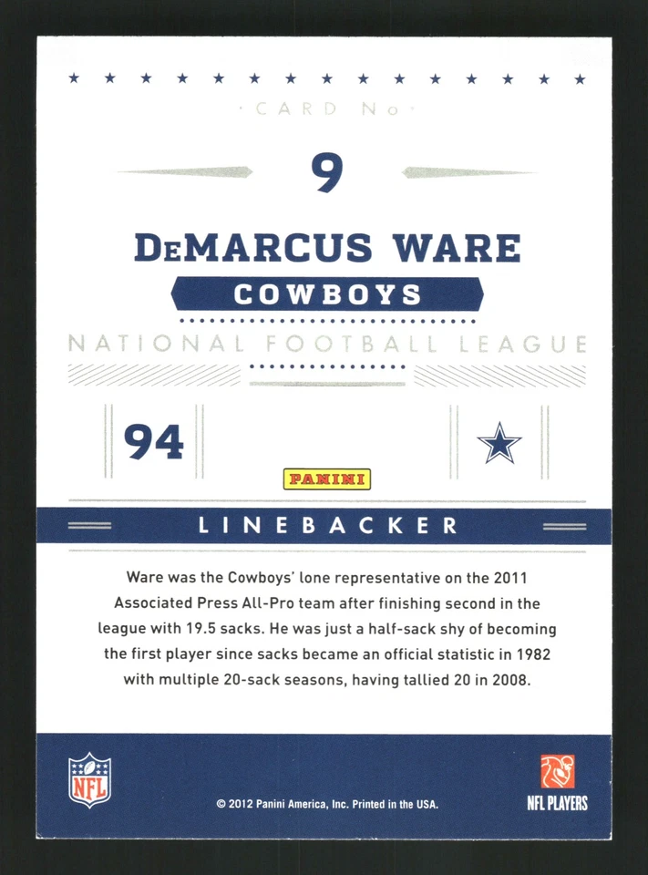DeMarcus Ware 2012 Panini Prestige #9 Stars of the NFL Dallas Cowboys - Image 2 of 2