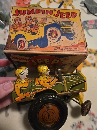 1940s Marx Tin Windup Jumpin' Jeep - WORKS - WITH ORIGINAL BOX - WW2 Toy