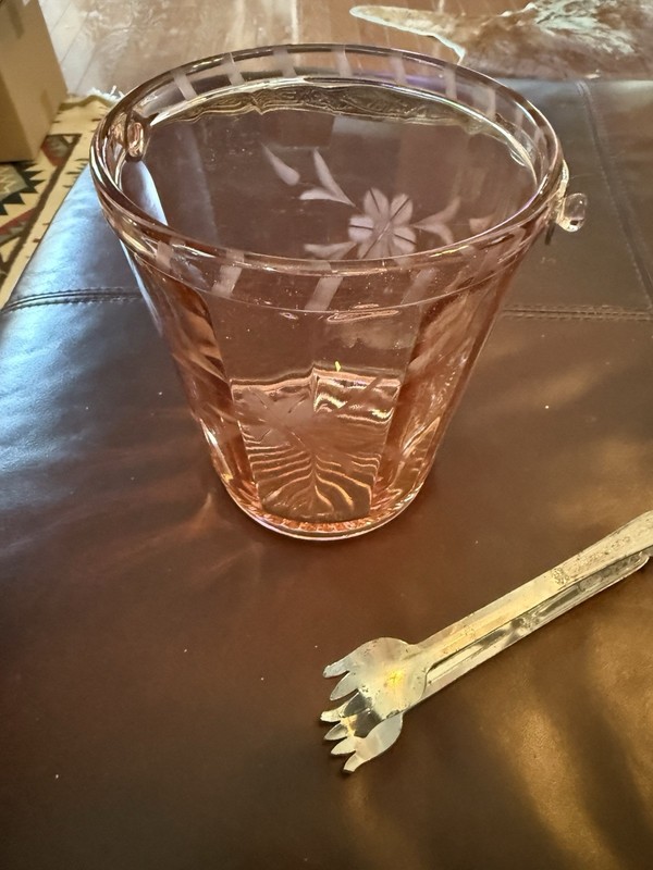 Vintage Pink Depression Glass Ice Bucket Pail Etched Flower Metal Handle & Tongs