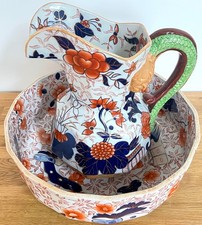 Vintage Jug Pitcher & Bowl Ironstone Snake Handle -Victorian Imari Style - Heavy