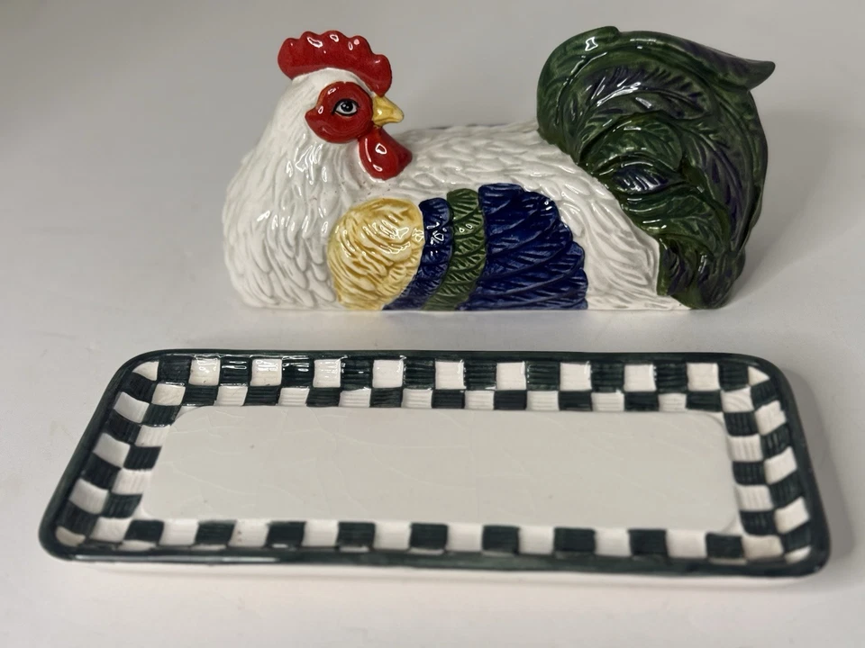 Vtg Dept 56 Chicken Rooster Butter Dish Plate & Cover Ceramic Porcelain Read! - Image 2 of 4