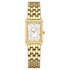 Gold Watches for Women with Vintage Rectangular Case,White Roman Dial,Stainle...