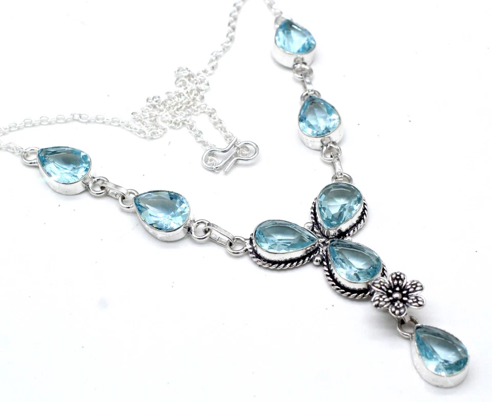 Collar Joyería Plata de Ley 925 Piedras Preciosas Aguamarina Azul Tamaño-17-18" Foto 3 de 4