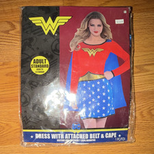 DC Wonder Woman Adult Standard Dress Costume w/ Cape - Red/Blue/Gold Halloween