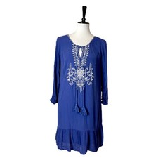 ENTRO Dress Boho Shift Embroidered Ruffle Tassel Gauze Blue Women’s Size Small