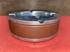 Vintage Mid Century Steel Ashtray with Leather Wrapped Base 4.5” Inches