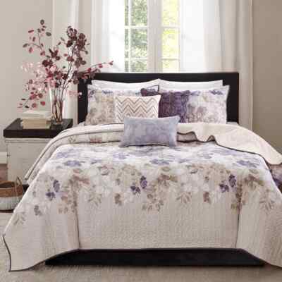 NEW! ~ COZY COTTAGE CHIC PURPLE LILAC GREY LEAF LAVENDER FLORAL SOFT QUILT SET