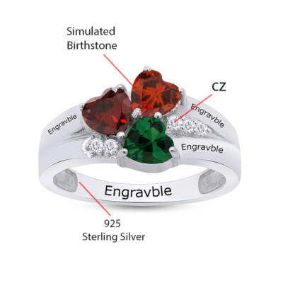 Sterling Silver Personalized Ring With 2 Simulated Birthstones – Custom Engraved Names Promise/Mother-Daughter Ring - View #10