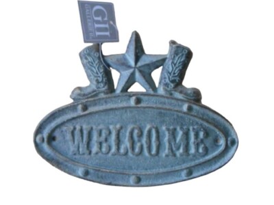Cast Iron Welcome Sign Western Ranch Cowboy Boots Star Plaque