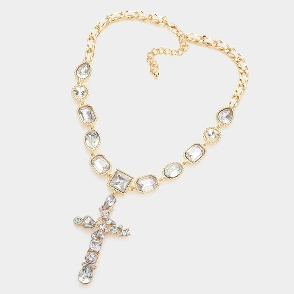 Gold Multi Crystal Stone Cross Pendant Chain Set Charm Necklace