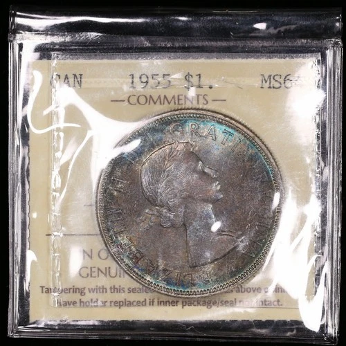 1955 $1 ICCS MS64 Colourful Blue Toning Canada Silver Dollar Uncirculated