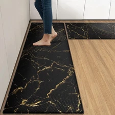 Marble Anti-Fatigue Kitchen Rug Set of 2 Black Gold Abstract Modern Cushioned...