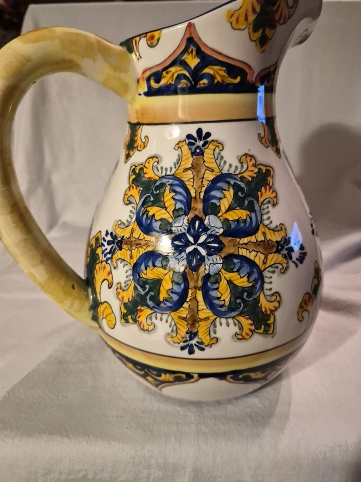 Large Vintage I. Godinger Centerpiece Italy Pitcher Blues Yellows Floral 11"×8" - Image 4 of 4
