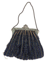 Antique Beaded Purse Iridescent Glass Beads Metal Frame Handbag