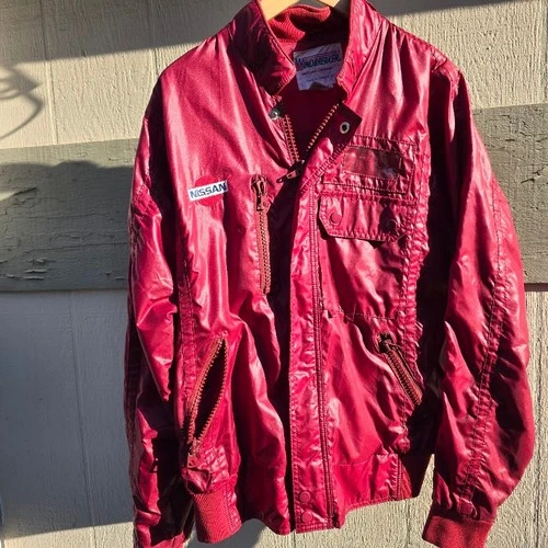 Vintage 80s Nissan Racing Jacket Mens Large Maroon Nylon Windbreaker Pit Coat image 8