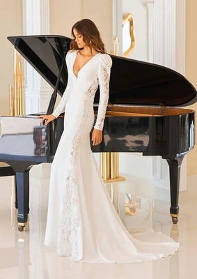 Pronovias Kaya Crêpe Lace Long Sleeve Open Back Train Mermaid Wedding Dress 12