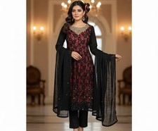 Women's Indian Pakistani 3-Piece Lace Salwar Kameez, Black/Coral
