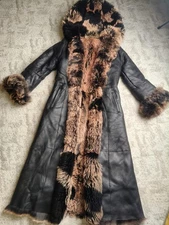 Genuine Toscana black leather hooded sheepskin shearling coat Size S