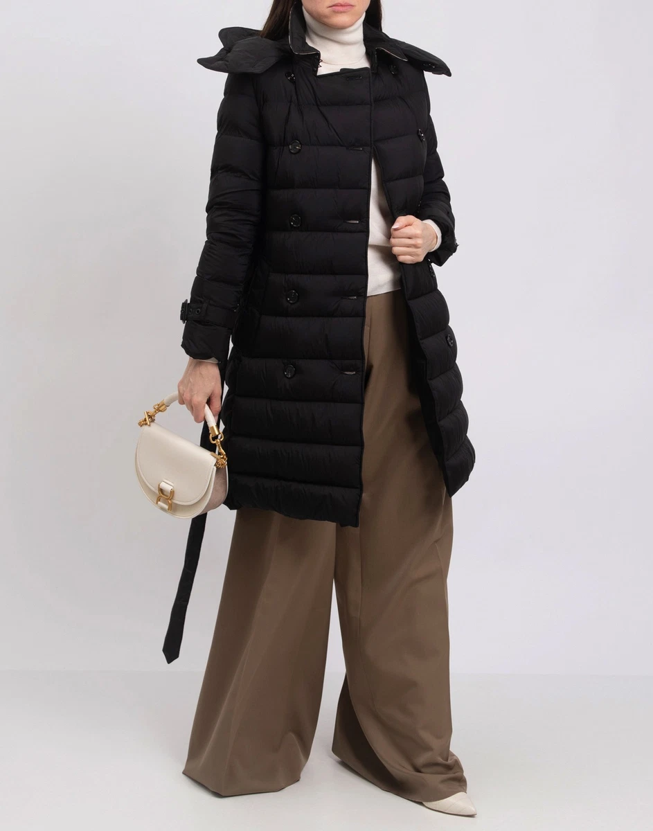 PVP €1289 BURBERRY Abrigo Acolchado de Plumón Talla S Negro Cinturón Capucha Desmontable
