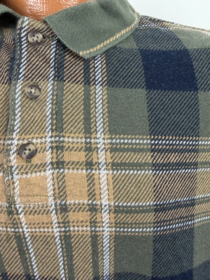 Vintage 90s Plaid Polo Shirt Men XL Sage Beige Grunge Long Sleeve Heavy Cotton - Image 4 of 4
