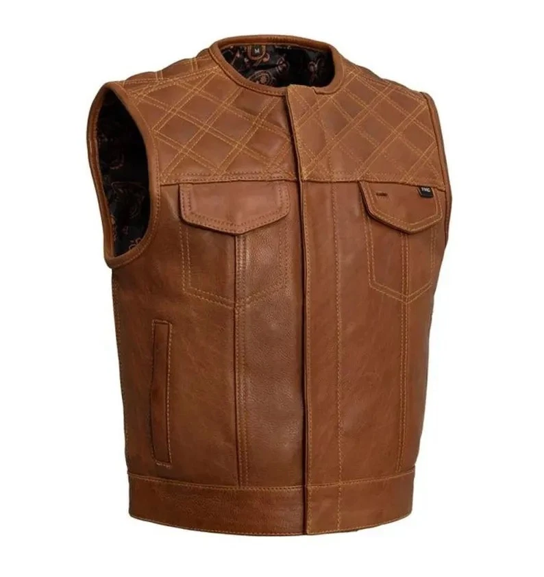 Men's Tan Genuine Leather Biker Vest with Paisley Lining Vintage Motorcycle Gear - Image 2 of 4
