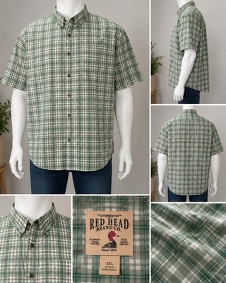 RedHead 2XL Green Plaid Short Sleeve Button Front Shirt 100% Cotton Men s