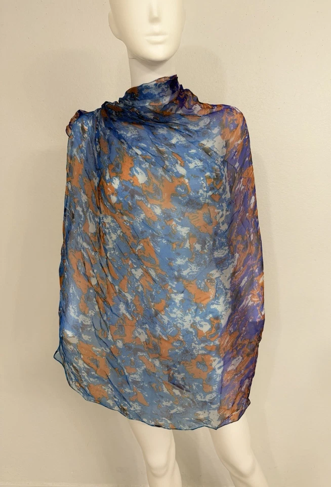 Saks Fifth Avenue Silk Chiffon Shawl Scarf Blue Purple Hand Rolled 45” x 48” - Image 2 of 4