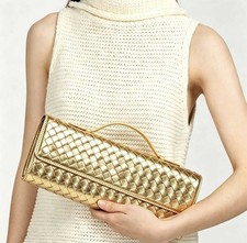 Metallic Gold Woven Leather Clutch Handbag Crossbody Bag Evening Purse New
