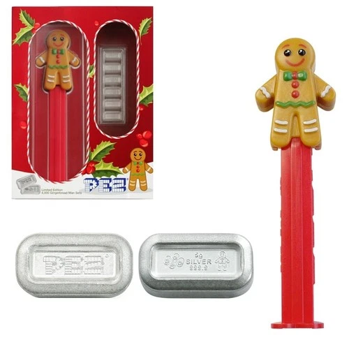 30 gram PAMP Gingerbread Man PEZ Dispenser & Silver Wafers 6 x 5 g .999 AG
