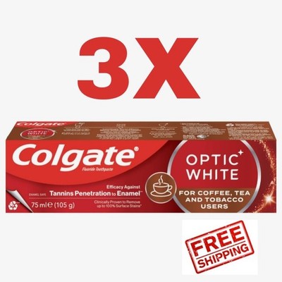 3X Colgate Optic White Toothpaste 75ml Coffee Tea Tobacco Stain Removal