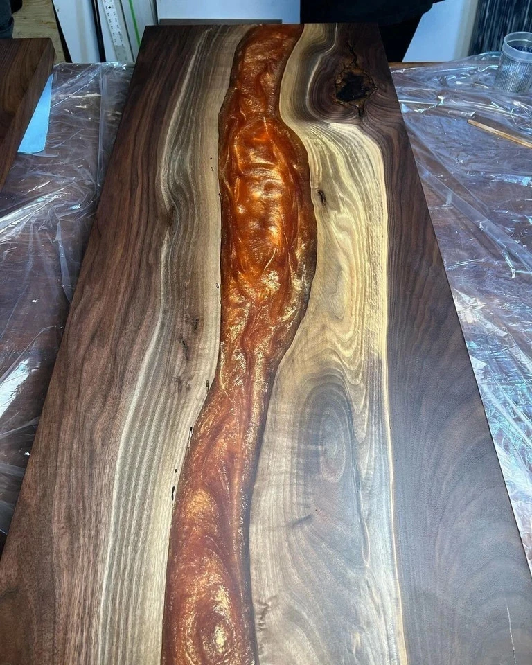 60"x30" Live Edge Walnut Epoxy Dining Table – Emerald Orange Handmade Table - Image 3 of 4